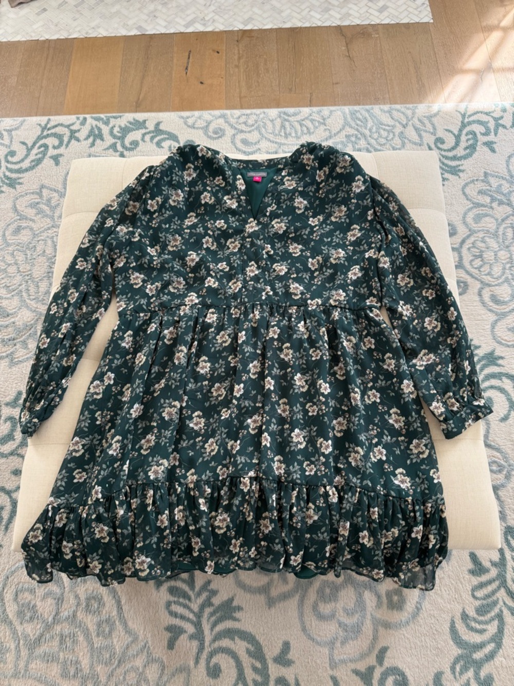 Dark Green Floral Ruffle Hem Long Sleeve Dress